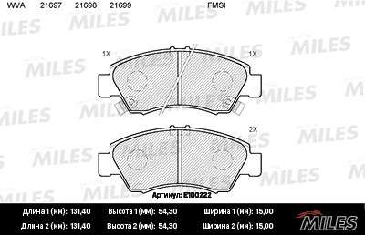 Колодки тормозные HONDA CIVIC 1.3-1.6 91-01/JAZZ 1.2/1.4 02- перед. SemiMetallic Miles. Артикул - E100222