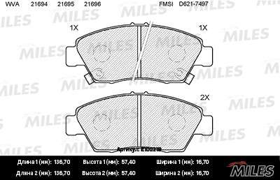 Колодки тормозные HONDA CIVIC 91-05 передние SemiMetallic Miles. Артикул - E100219